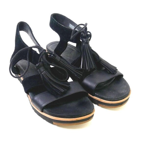 UGG Maryssa BLACK GENUINE LEATHER SUEDE TASSELS FLAT GLADIATOR SLINGBACK Sz 5 US - Picture 2 of 8